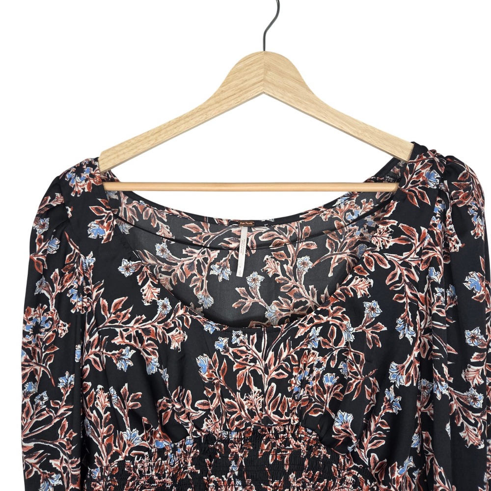 Free People Dark Floral Smocked Crop Top Square Neck Balloon Sleeve Women's L - Picture 5 of 7